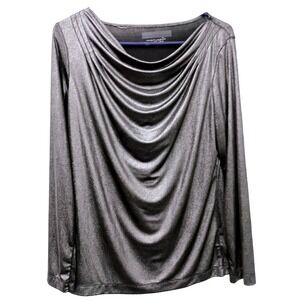 BY CHICO'S Womens Silver Metallic Cowl Neck Long Sleeve Top‎ L 12 foil holiday